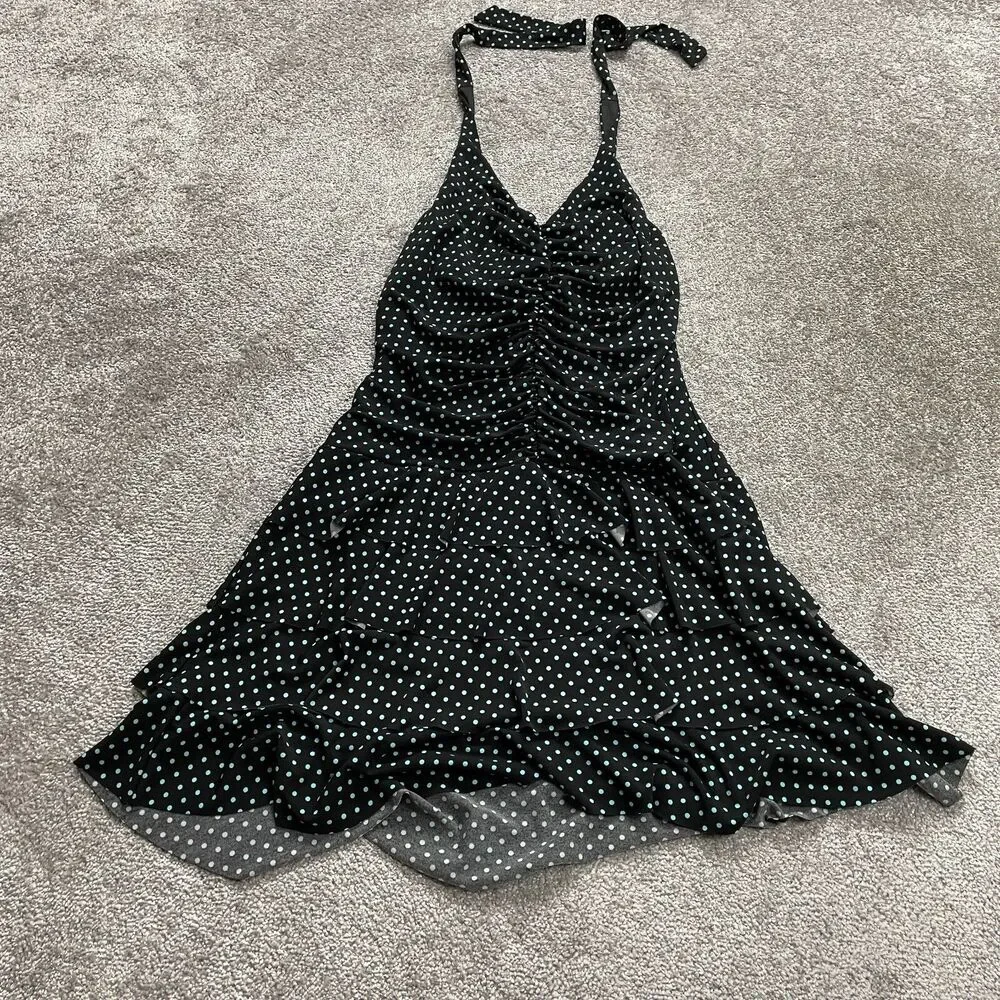 AGB Dress Womens 12 Black Polka Polyester Short Halter Backless Stretch A Line